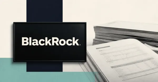 Large official BlackRock wordmark on a dark plaque beside a greyscale stack of unbranded ETF settlement documents against off-white, charcoal and teal editorial panels.