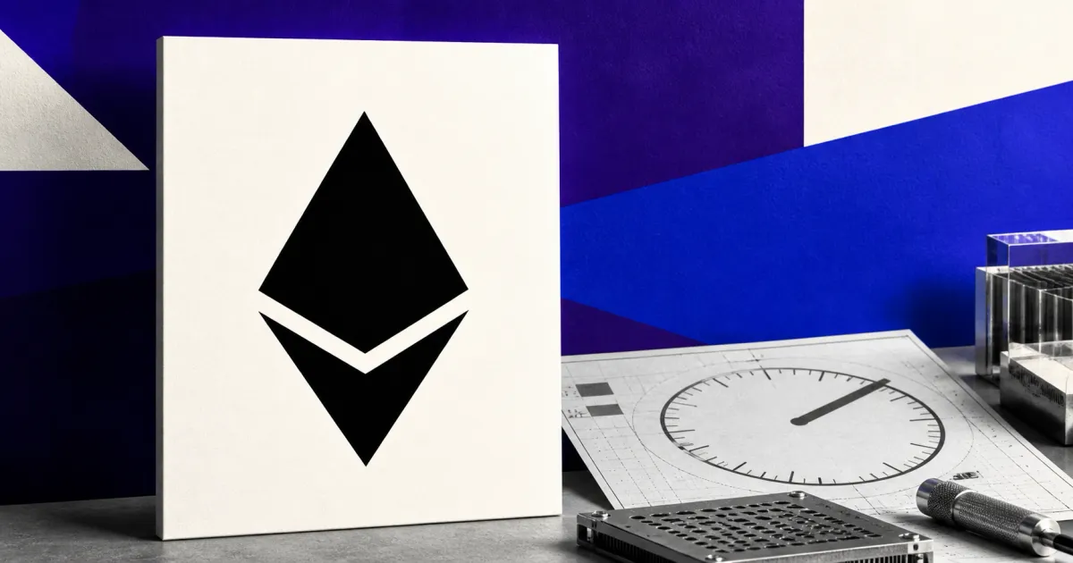 Large official black Ethereum diamond logo on a violet panel beside a greyscale unbranded gas-limit testing document with a 200M dial and laboratory benchmark device.