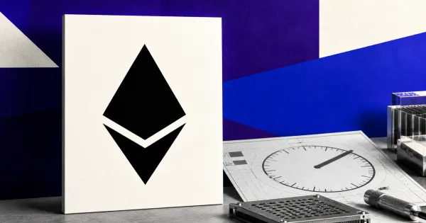 Large official black Ethereum diamond logo on a violet panel beside a greyscale unbranded gas-limit testing document with a 200M dial and laboratory benchmark device.