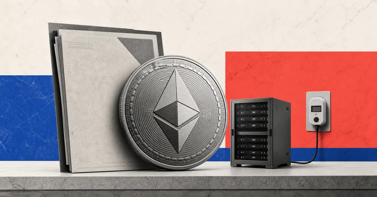 Greyscale Ethereum coin, academic report, server rack and wall-plug power meter on cobalt, coral and off-white editorial panels.