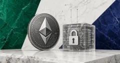 Greyscale Ethereum coin beside a locked privacy token cube on emerald, indigo and marble editorial panels representing ERC-8287 private token standards.