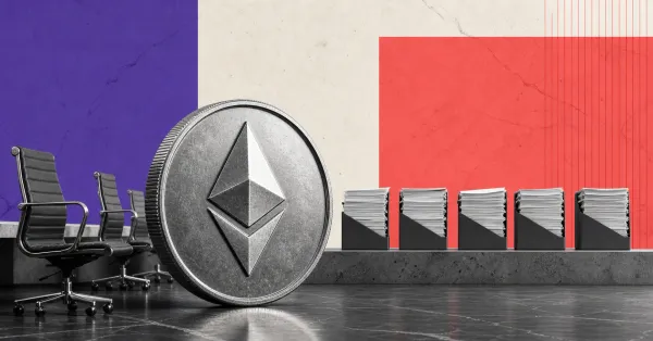 Greyscale Ethereum Foundation office desk with an Ethereum coin, empty employee chairs and five reorganized file stacks on violet and coral editorial panels.