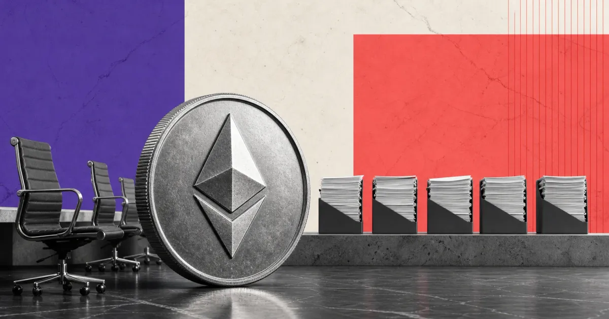 Greyscale Ethereum Foundation office desk with an Ethereum coin, empty employee chairs and five reorganized file stacks on violet and coral editorial panels.