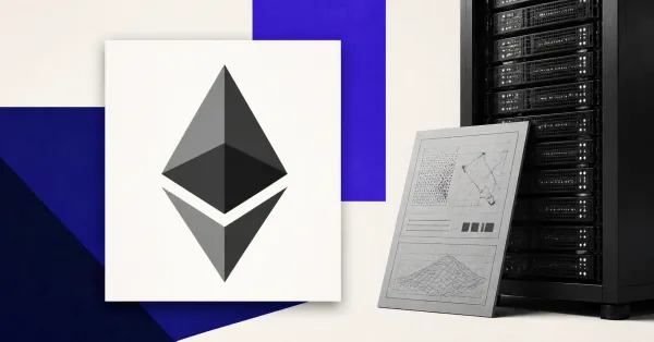 Large official gray and black Ethereum diamond on a white plaque beside a greyscale unbranded testnet configuration folio and validator server rack across indigo editorial panels.