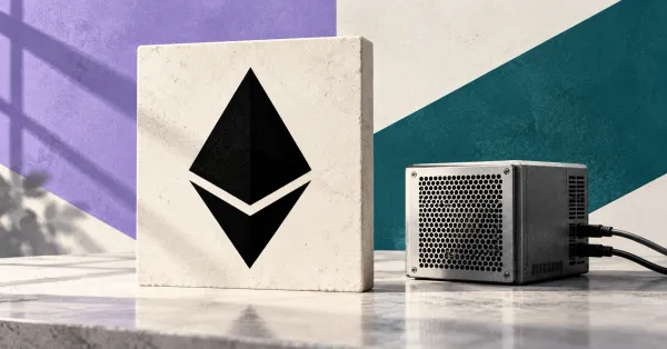 Large official black Ethereum diamond on an ivory stone sign beside an unbranded greyscale validator computer with cables, against lavender and deep teal panels.