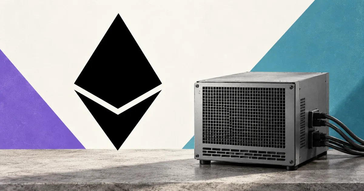 Large official black Ethereum diamond on an off-white backdrop beside an unbranded greyscale compact computing unit with a vent grille and cables, against lavender and teal editorial panels.