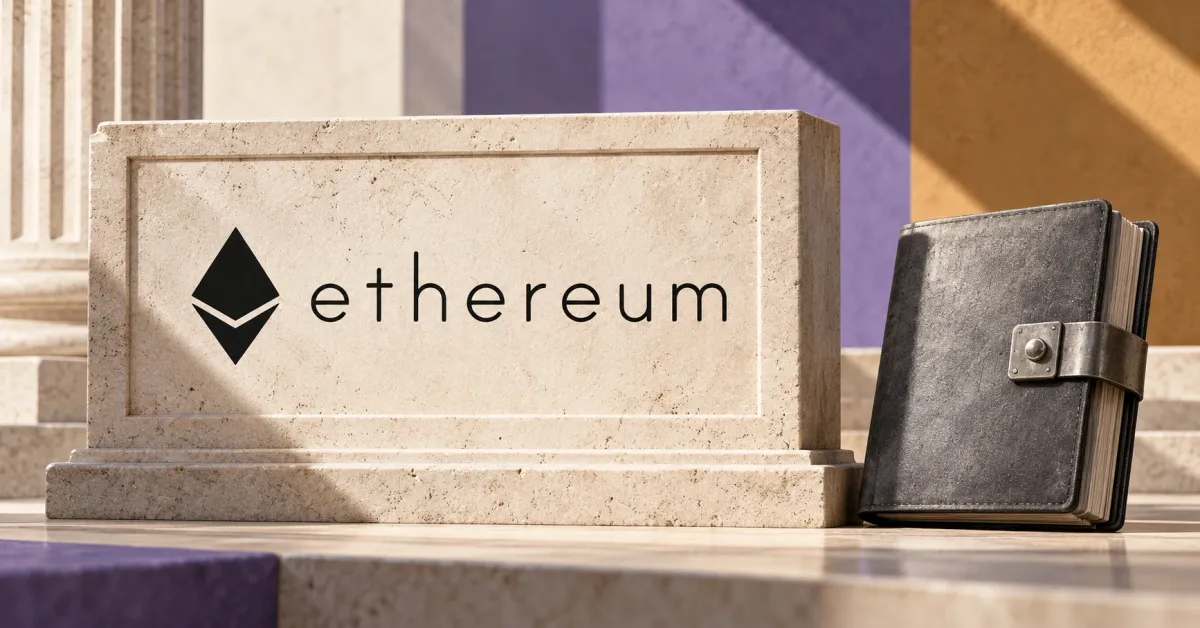 Large official black Ethereum diamond and ethereum wordmark on an ivory stone sign beside a smaller unbranded greyscale treasury ledger with a steel clasp.