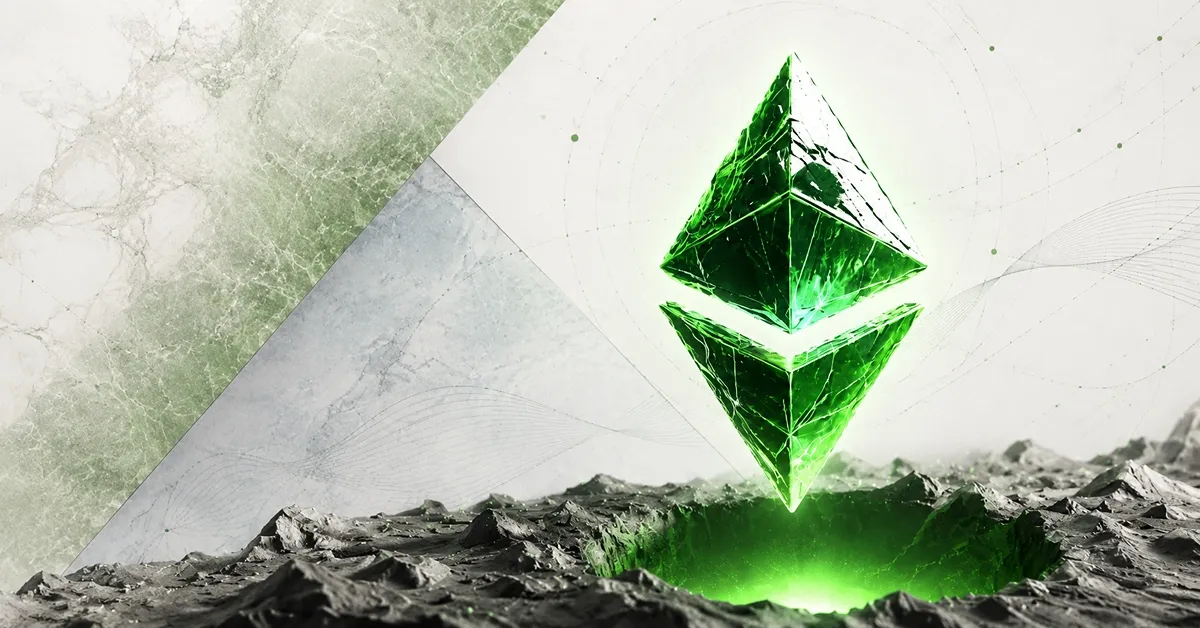 Ethereum coin beside validator nodes, secure key registry blocks, and tokenized asset cubes