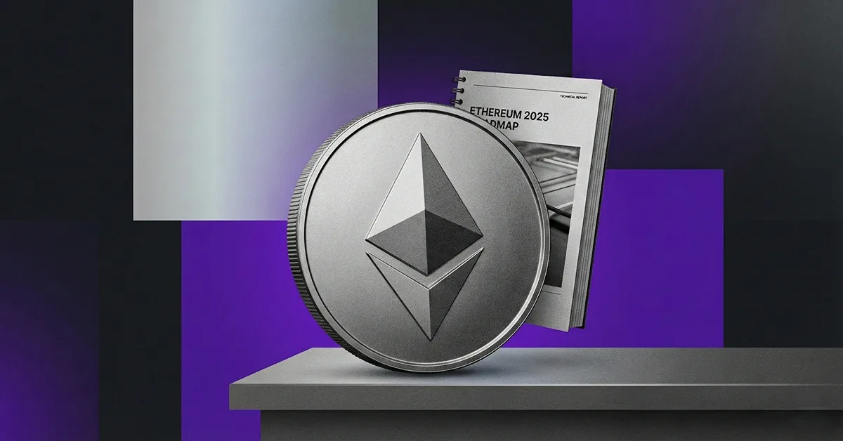 Ethereum 2025 roadmap cover with silver ETH coin and technical report booklet on purple geometric background