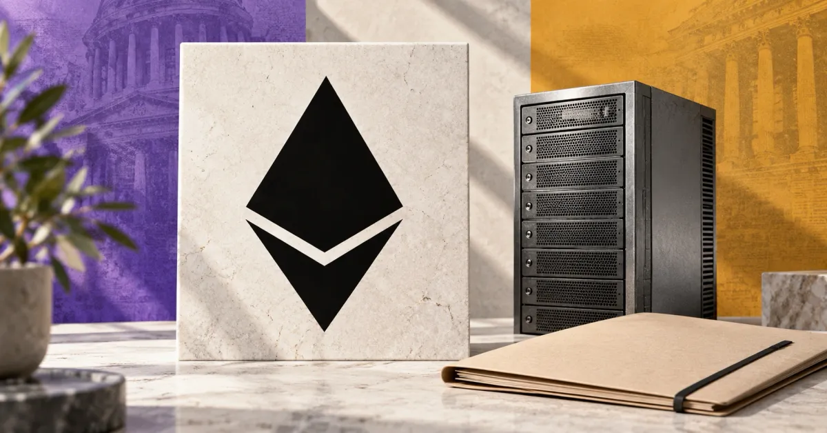 One large official black Ethereum diamond on an off-white stone sign beside an unbranded greyscale validator server and a closed plain proposal folder, against violet and ochre editorial panels.