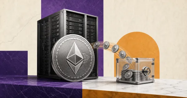 Greyscale Ethereum coin and validator server redirecting staking-reward coins into a funding vault on violet, amber and stone editorial panels.
