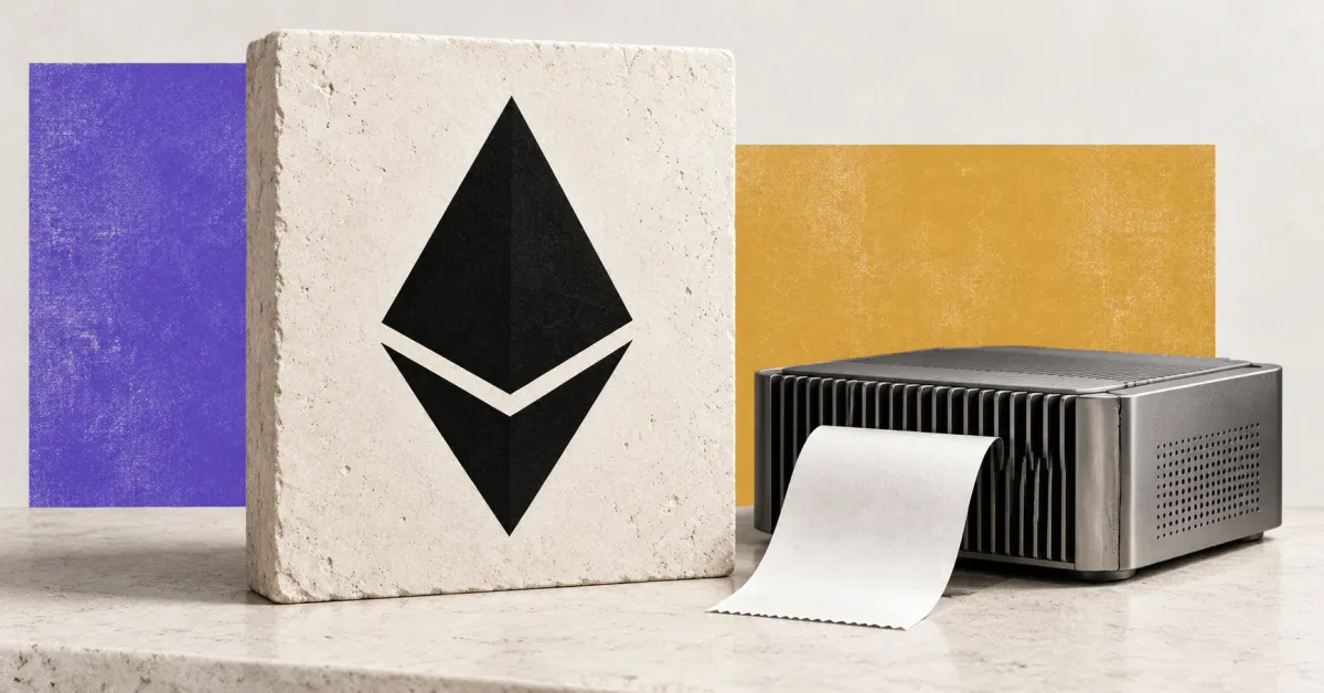 One large official black Ethereum diamond on an off-white stone sign beside an unbranded greyscale compact computing device and blank paper receipt, against violet and ochre panels.