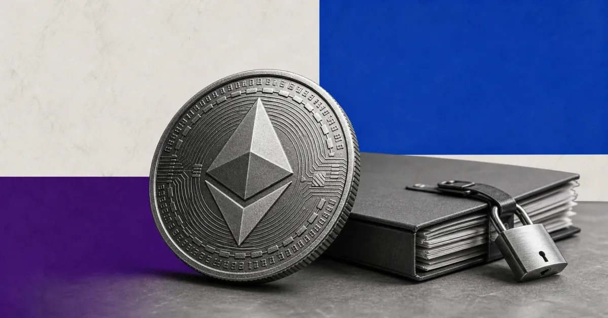 Greyscale Ethereum coin beside a locked institutional settlement ledger on cobalt, violet and off-white editorial panels.