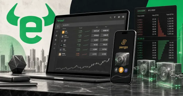 Greyscale eToro trading screen, Zengo wallet phone and onchain perpetual futures order book on green, black and off-white editorial panels.