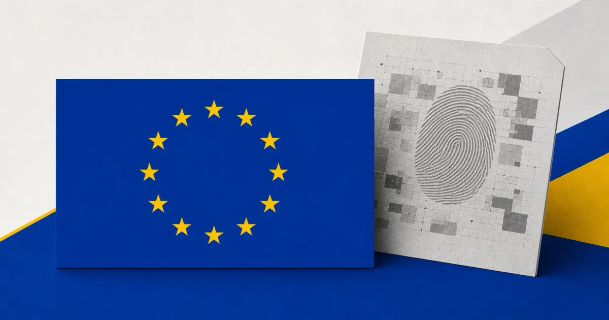 Official European Union flag with twelve gold stars on a prominent blue plaque beside a greyscale provenance document with a fingerprint, set against blue and gold editorial panels.