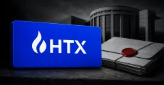 Official white HTX flame-and-wordmark on a large blue plaque beside a greyscale non-branded sanctions dossier with a red wax seal and an institutional building.