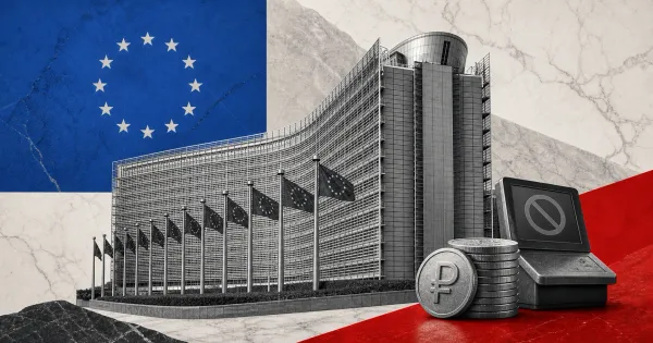 Greyscale European Commission building, sanctioned crypto exchange terminal and ruble stablecoin stack on blue and red editorial panels representing EU Russia crypto sanctions.