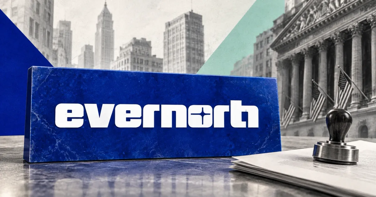 Large official white Evernorth wordmark on a cobalt-blue stone desk placard beside an unbranded greyscale shareholder voting document and approval stamp, with mint panels and financial architecture behind.