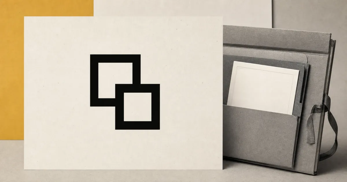 The official black Exchange.Art geometric logo on a large off-white placard beside a greyscale unbranded archival art folio.