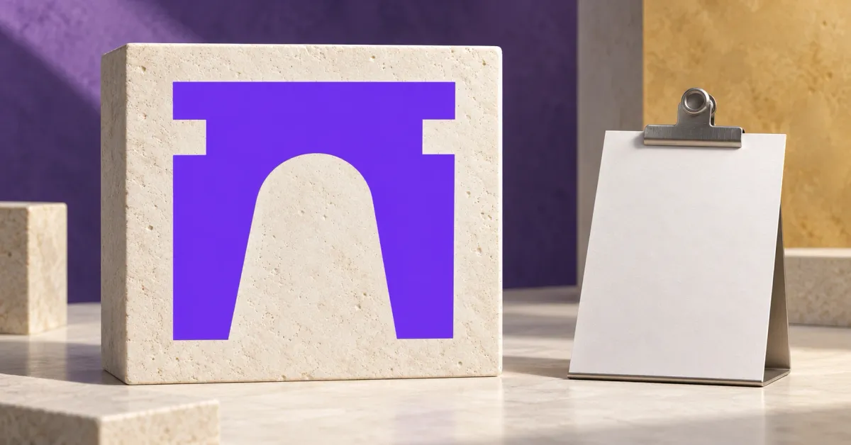 Large official violet Farcaster arch logo on an off-white limestone sign beside a smaller unbranded greyscale blank access document held by a steel clip, against violet and ochre panels.