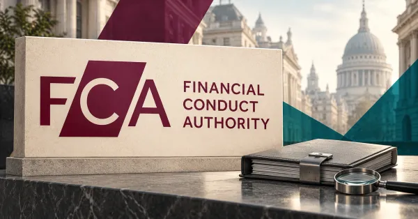 One prominent official burgundy FCA and Financial Conduct Authority logo on an ivory stone sign beside an unbranded greyscale compliance folio and magnifying glass, with London architecture behind.