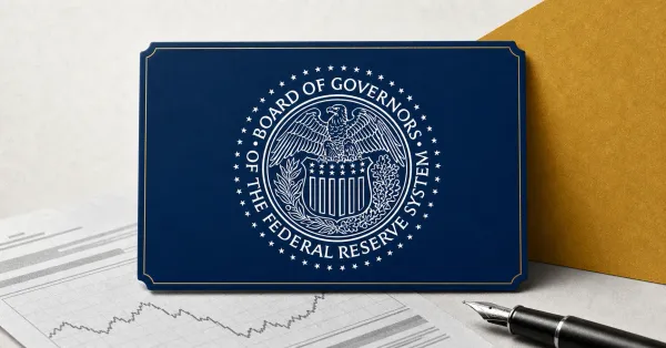 Official Federal Reserve Board seal, large and unobstructed on a navy plaque, above a greyscale policy document and fountain pen against off-white and gold editorial panels.