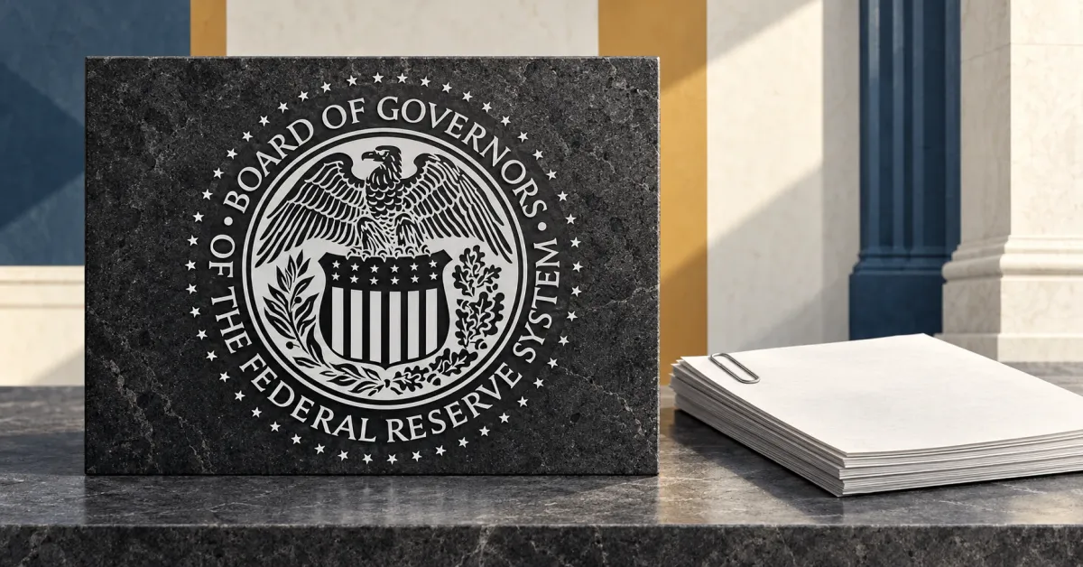 Large official monochrome Federal Reserve Board seal on a charcoal plaque beside an unbranded greyscale policy document stack, against ivory, ochre and slate blue panels.