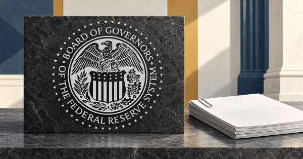Large official monochrome Federal Reserve Board seal on a charcoal plaque beside an unbranded greyscale policy document stack, against ivory, ochre and slate blue panels.