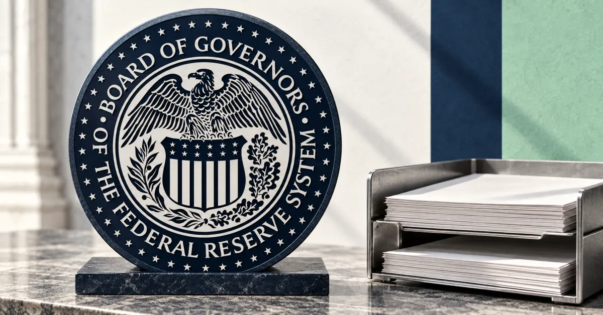Large official monochrome Federal Reserve Board seal on a navy circular plaque beside stacks of unbranded greyscale reserve documents in a metal filing tray.