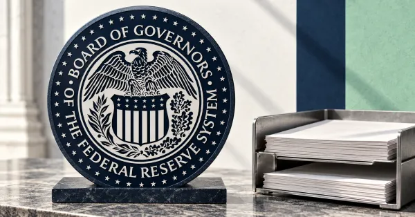 Large official monochrome Federal Reserve Board seal on a navy circular plaque beside stacks of unbranded greyscale reserve documents in a metal filing tray.