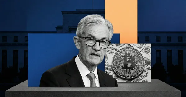 Federal Reserve chair in front of Bitcoin coin and dollar bills, illustrating Fed policy impact on Bitcoin markets in 2025