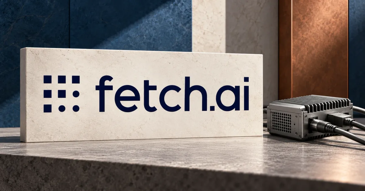 One large official navy Fetch.ai dot emblem and fetch.ai wordmark on an ivory stone sign beside a smaller unbranded greyscale computer module and cable plugs, against petrol blue and copper panels.