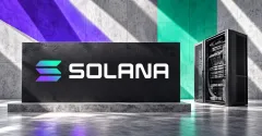 Large official Solana gradient mark and white wordmark on a charcoal sign beside an unbranded greyscale server cabinet, against off-white, purple and mint editorial panels.