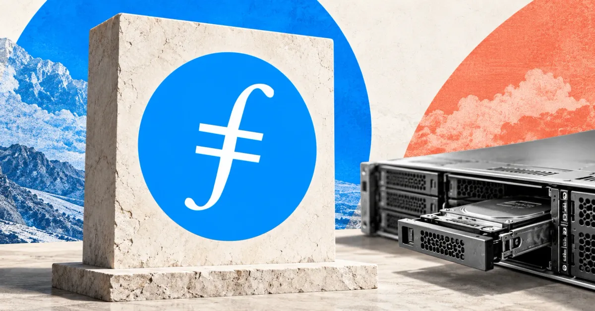 Large official blue circular Filecoin mark with its white double-stroke symbol on an off-white stone sign beside an unbranded greyscale storage server with a partly withdrawn drive tray, against blue and coral panels and a mountain print.