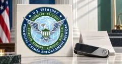Large official navy, green and pale-blue FinCEN seal on an off-white stone desk sign beside an unbranded greyscale hardware wallet and folded document, with a blurred flag and courthouse setting.