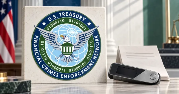 Large official navy, green and pale-blue FinCEN seal on an off-white stone desk sign beside an unbranded greyscale hardware wallet and folded document, with a blurred flag and courthouse setting.