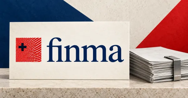 One large official FINMA logo with its red Swiss-cross panel and navy finma wordmark on an ivory sign beside an unbranded greyscale fund-document stack with a steel clasp, against navy, red and off-white panels.
