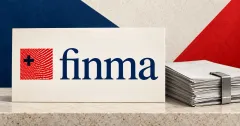 One large official FINMA logo with its red Swiss-cross panel and navy finma wordmark on an ivory sign beside an unbranded greyscale fund-document stack with a steel clasp, against navy, red and off-white panels.