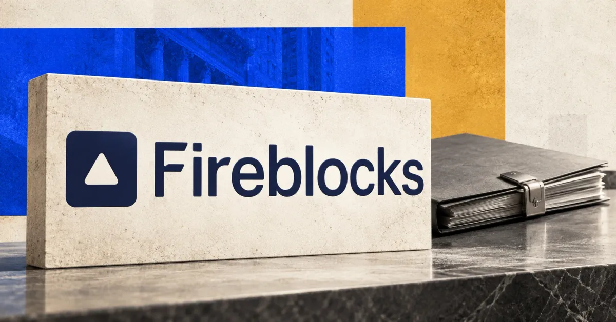 One large official navy Fireblocks icon and wordmark on an ivory stone sign beside a smaller unbranded greyscale closed transaction folder with a metal clasp, against off-white, cobalt and ochre editorial panels.