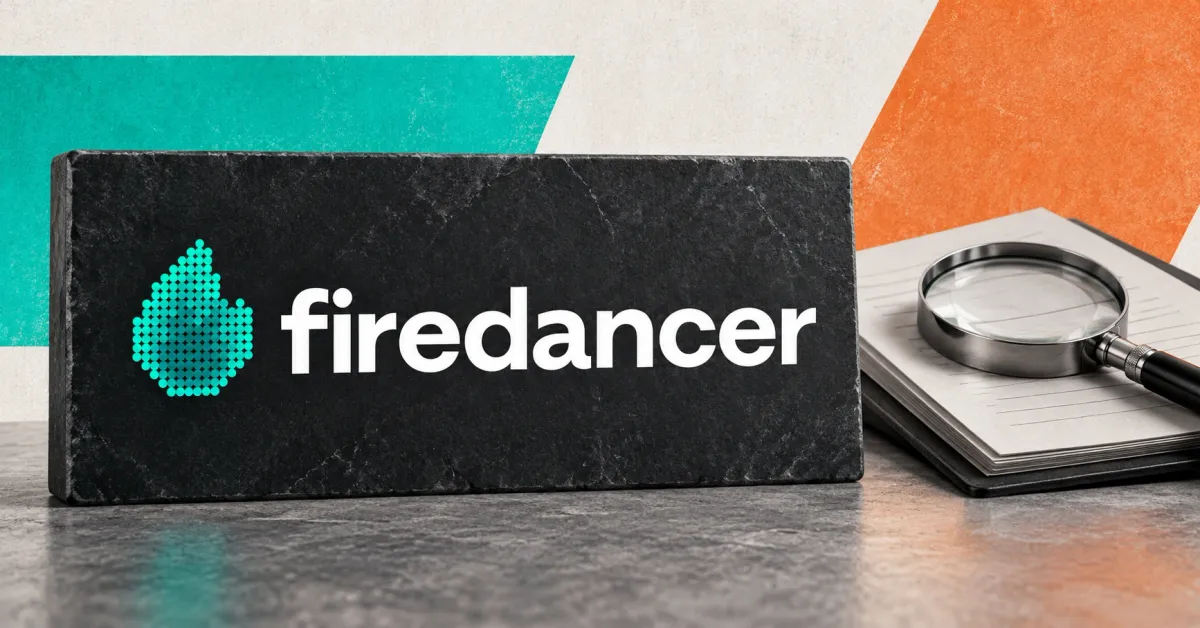 Large official teal dotted-flame Firedancer logo and white lowercase wordmark on a charcoal stone sign beside a smaller unbranded greyscale audit folio and magnifying glass, against off-white, teal and orange panels.