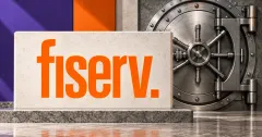 Large official orange Fiserv wordmark on an off-white stone sign beside an unbranded greyscale bank vault door, with orange and violet background panels.