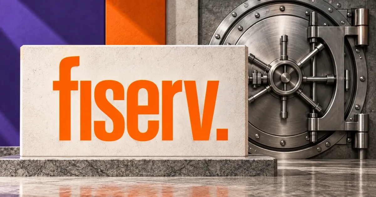 Large official orange Fiserv wordmark on an off-white stone sign beside an unbranded greyscale bank vault door, with orange and violet background panels.