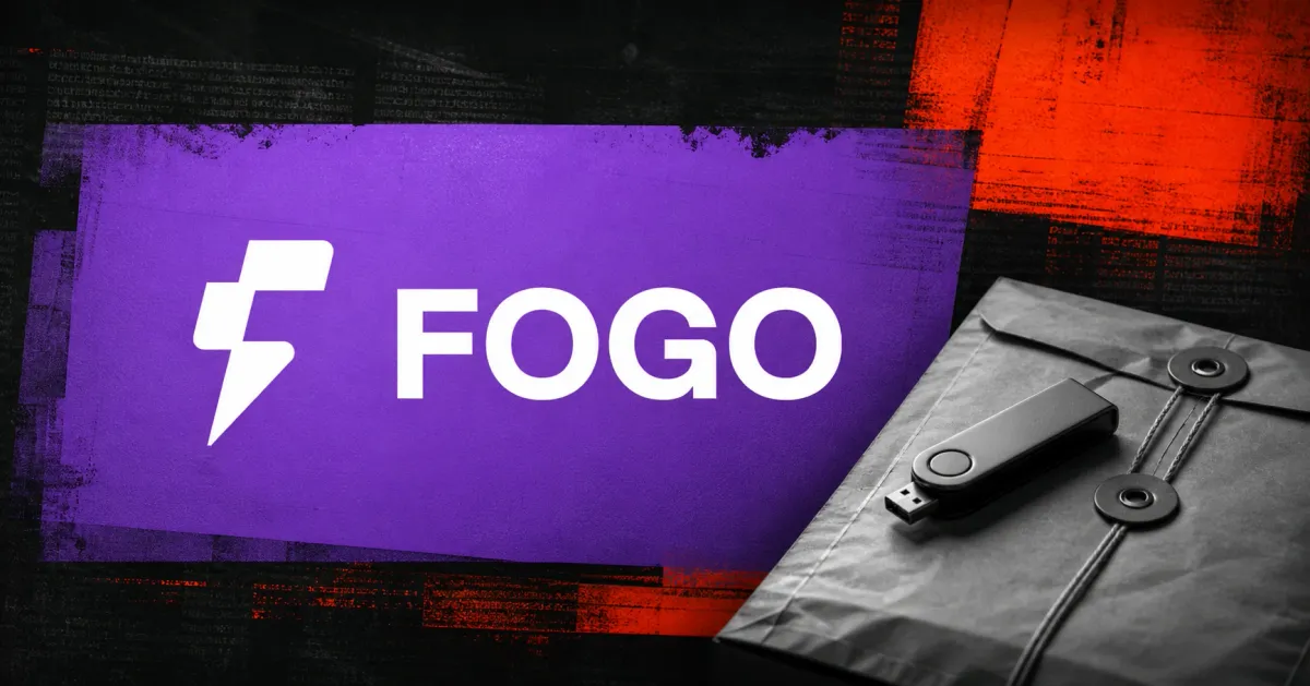 Large official white Fogo lightning-bolt and FOGO wordmark on a purple panel beside an unbranded greyscale hardware security key resting on a sealed evidence envelope, over charcoal and orange editorial panels.