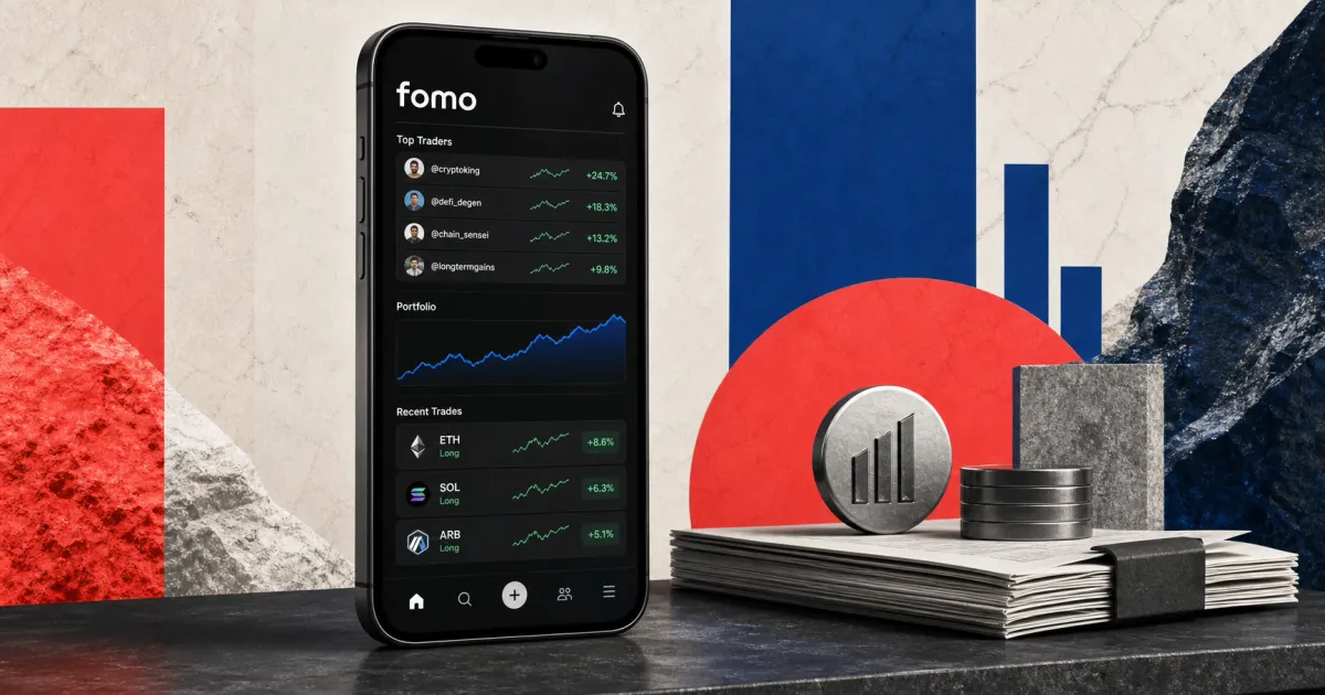 Greyscale smartphone displaying the Fomo social trading app beside institutional funding documents on coral, cobalt and stone editorial panels.
