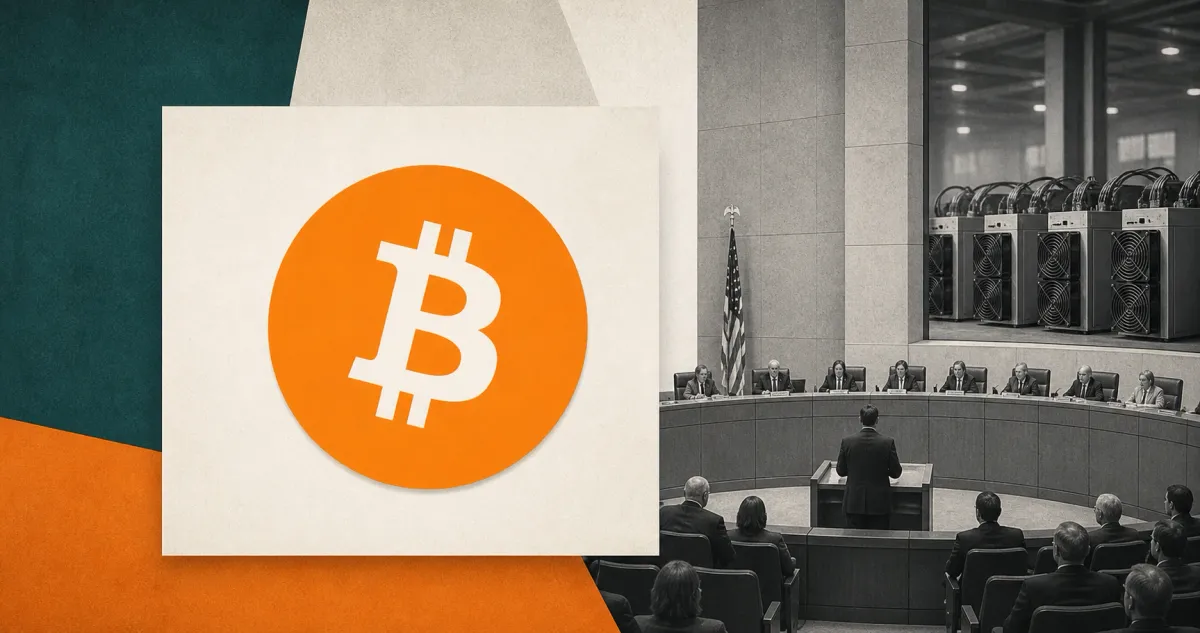 Large official orange Bitcoin logo on an off-white civic panel beside a greyscale municipal council chamber and unbranded cryptocurrency-mining machines.