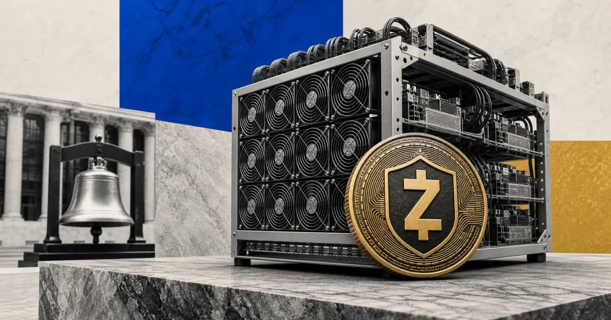 Greyscale institutional Zcash mining rack and gold ZEC coin beside a stock-exchange bell on blue, gold and marble editorial panels.