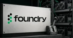 Official Foundry wordmark on a prominent metal mining control panel beside a greyscale industrial ASIC rack and an unbranded voting lever.