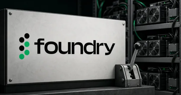 Official Foundry wordmark on a prominent metal mining control panel beside a greyscale industrial ASIC rack and an unbranded voting lever.