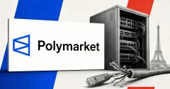 Official Polymarket logo on a large white plaque beside a greyscale Paris network cabinet, severed internet cable and Eiffel Tower silhouette, representing France's access block.
