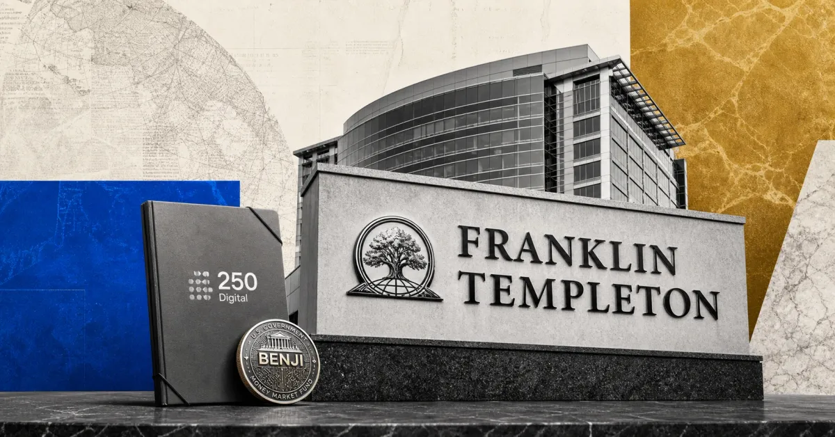 Greyscale Franklin Templeton office sign beside a 250 Digital folder and BENJI token on blue, gold and stone editorial panels.